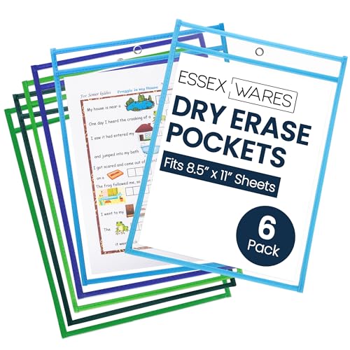 Essex Wares - 6 Pack, Blues & Greens Dry Erase Pockets, 10" W x 13.5" T - color: Blues & Greens