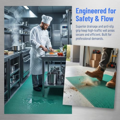 Drainage Non Slip Flooring Mats Swimming Pool Bathroom Anti-Fatigue Rubber Matting 3x10 Ft Heavy Duty Commercial Anti Slip Floor Mats for Garage Restaurant Sauna SPA (Green, 3×10ft/0.9 * 3M) - color: Green