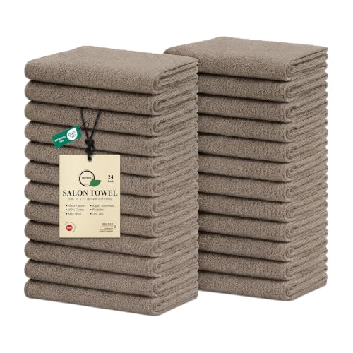 Salon Towels – Pack of 24 (16"x27") 100% Cotton Ring Spun (Not Bleach Proof) Ultra Soft, Highly Absorbent Hand Towels – Bulk for Spa, Gym & Salon (Taupe) - color: Taupe