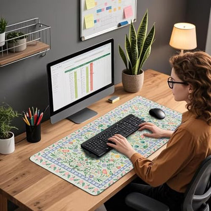 Green Floral Desk Mat Large Mouse Pad 31.5"x15.7" Non-Slip - color: Green Floral
