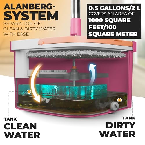 Mop and Bucket Set with Wringer, Dual-Chamber Flat Mop, Pink – ALANBERG - color: Pink