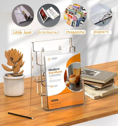 FUCDTEFC 2 Pack Acrylic Brochure Holder 8.5x11 & 4 x9 Inches Universal, Clear 3 Tier Magazine Stand Brochure Display Stand w Removable Divider, Literature Flyer Holder for Wall Mount or Countertop - size: 2 Pack 3-Tier Brochure Holder