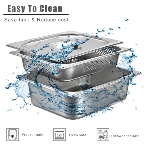 BSTKEY Stainless Steel Hotel Pans Half Size, 4 Inch Deep Steam Table Pan with Perforated Steam Tray and Lid, Warmer Breading Tray Food Pans for Kitchen Restaurant Supplies
