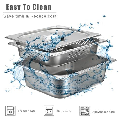 BSTKEY Stainless Steel Hotel Pans Half Size, 4 Inch Deep Steam Table Pan with Perforated Steam Tray and Lid, Warmer Breading Tray Food Pans for Kitchen Restaurant Supplies