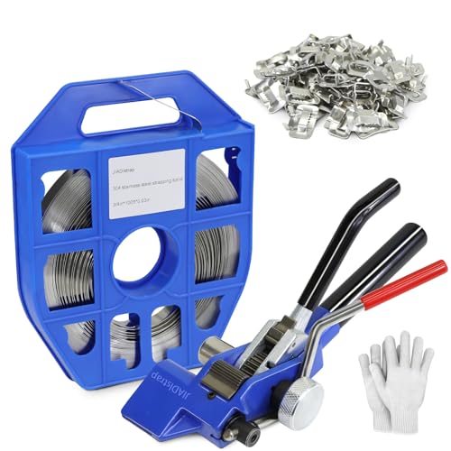 Heavy Duty Banding Strapping kit Contain 3/4"x 100' 304 Stainless Steel Packaging Straps Plastic Case & 100 Metal Buckles Tensioner with Cutter Tool Glove - size: stainless band kit