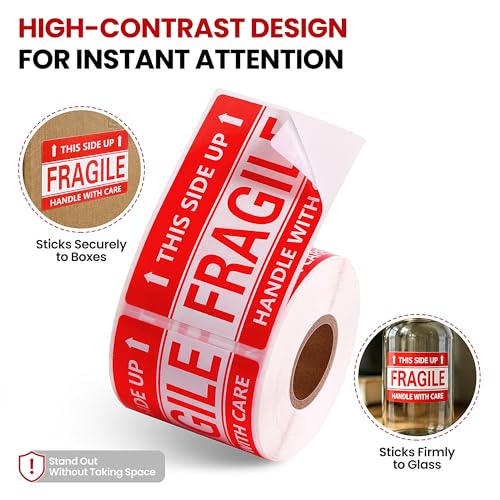 3 × 2 Inch Fragile Stickers Waterproof This Side Up Stickers Strong Adhesive Fragile Labels for Shipping Moving (300 PCS, 1 Roll) - size: 3" × 2", style: 1 Roll-300 PCS This Side Up