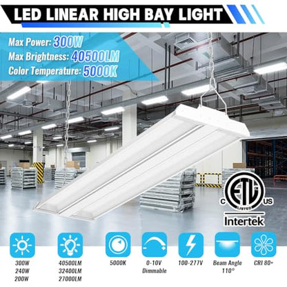 Allsmartlife LED Linear High Bay Shop Light 2-Pack, 5000K Daylight 300W 40500LM 0-10V Dimmable, Adjustable Tilt Hanging LED Shop Light Fixture for Garage Warehouse Workshop, ETL