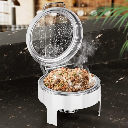 Chafing Dishes for Buffet, 6QT Round Stainless Steel Chafing Dish with Transparent Hydraulic Lid, 304 Food Pan, Buffet Warmer for Parties and Events (White) - color: White