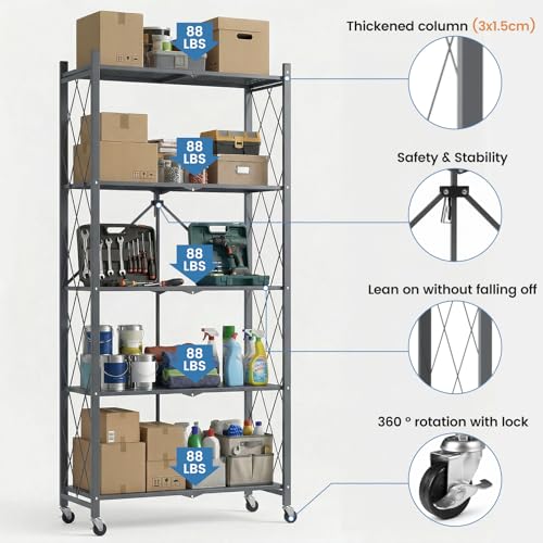 ALANNG 70.7" H Metal Storage Shelves, 5 Tier Folding Storage Shelves on Wheels - color: Grey