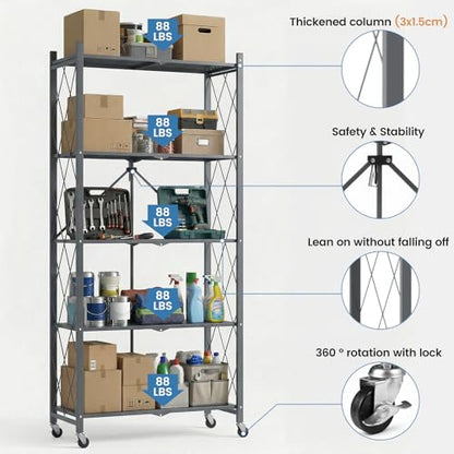 ALANNG 70.7" H Metal Storage Shelves, 5 Tier Folding Storage Shelves on Wheels - color: Grey