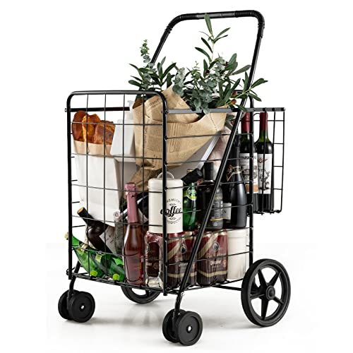 Goplus Jumbo Folding Shopping Cart with Rolling Swivel Wheels, Foldable Grocery Cart on Wheels with Double Basket, Heavy Duty Utility Cart, Shopping Carts for Groceries Laundry Book Luggage Travel - color: Black, size: 24"D x 23"W x 40"H
