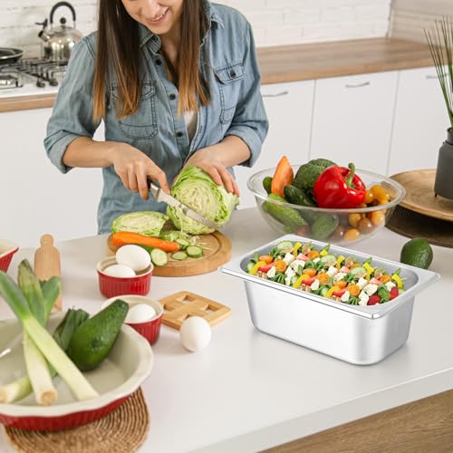 4 Pack Hotel Pans, 1/4 Size 4" Deep Stainless Steel Steam Table Serving Pan, Buffet Dinner Catering Food Pans, Warmer Breading Tray Batter Pan for Restaurant Salad Bar Party Supplies