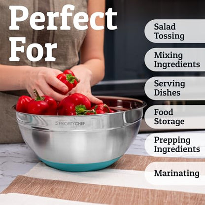 Priority Chef Stainless Steel Mixing Bowls with Lids Set - Premium 30Pcs with 6pc Metal Bowl Set for Kitchen, 3 Graters, Airtight Lids, Non-Slip Bases & Silicone Utensils, Turquoise - color: Turquoise