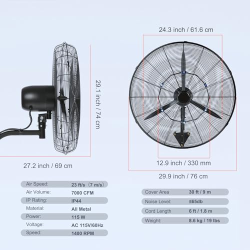 VEVOR 24 Inch 3-Speed 7000 CFM Black Waterproof Wall Mount Oscillating Fan - size: 24 Inch, style: Waterproof