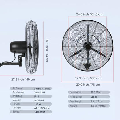 VEVOR 24 Inch 3-Speed 7000 CFM Black Waterproof Wall Mount Oscillating Fan - size: 24 Inch, style: Waterproof