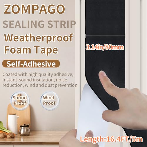 ZOMPAGO Single Sided Foam Weather Stripping Tape Black,3.2in X16.4FT - color: Black, size: 3.2in X16.4FT