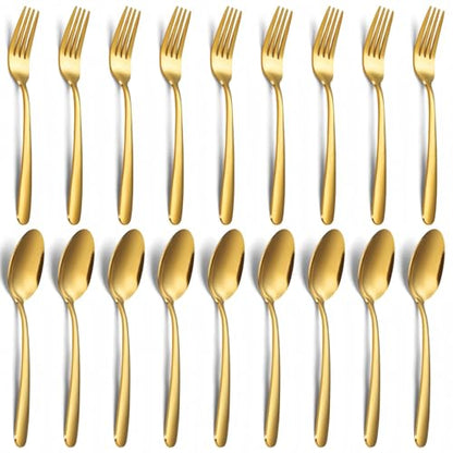 Unokit 24-Piece Spoons and Forks Set Silverware Set - Forks and Spoons Stainless Steel Silverware for Home, Kitchen and Restaurant, 12-Fork and 12-Spoon, Mirror Polished & Dishwasher Safe, Gold - size: gold forks and spoons 24 piece