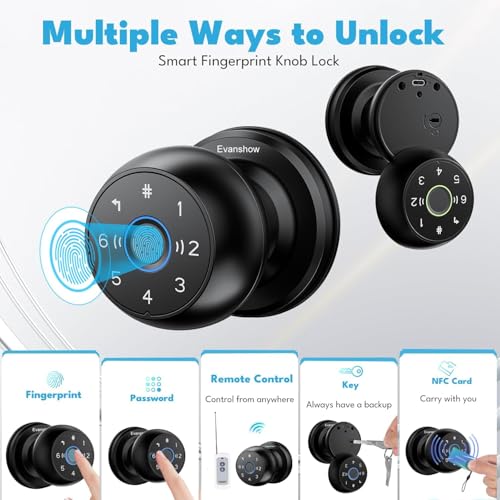 Smart Door Knob Fingerprint Lock 4-in-1 Keyless Entry (Fingerprint/App/Code/Key) Door with Auto-Lock Easy Install for Home/Bedroom/Office (Black 1) - color: Black 1
