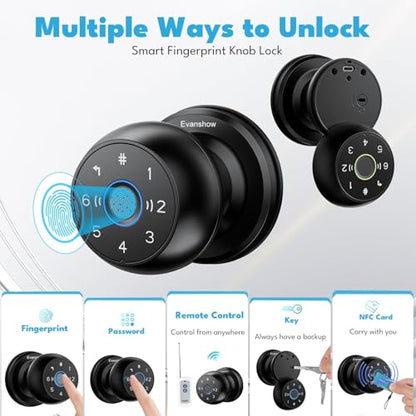 Smart Door Knob Fingerprint Lock 4-in-1 Keyless Entry (Fingerprint/App/Code/Key) Door with Auto-Lock Easy Install for Home/Bedroom/Office (Black 1) - color: Black 1