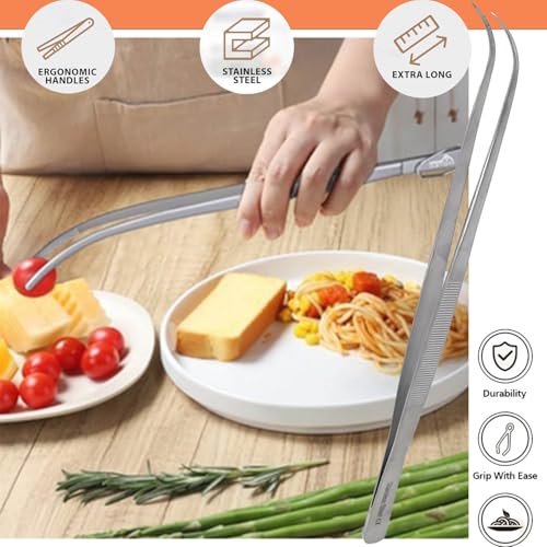 Professional Culinary Stainless Steel Precision Tongs With Serrated Tips - 12 Inch Curved Plating/Food Presentation Detailing Serving Tweezer - Chef's Kitchen Ultra Non-Slip Grip - size: 12" Curved Slim