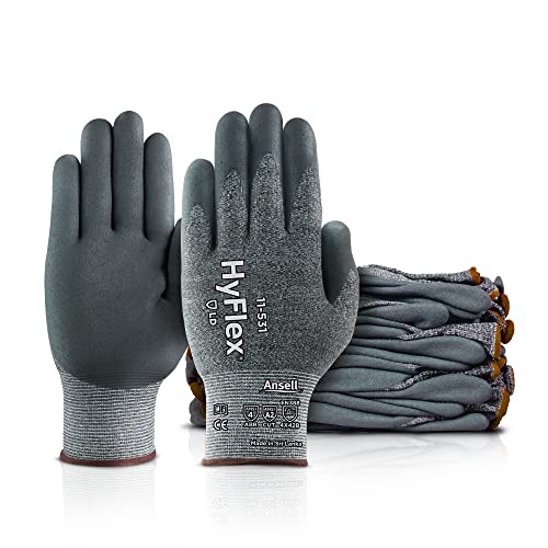 Ansell HYFLEX 11-531 Cut-Resistant Nylon Spandex Industrial Gloves w/Foam Nitrile Palm for Fabrication, Automotive - XXL (11), Grey (12 Pairs) - size: 2X-Large (Pack of 12), style: 12 Pairs