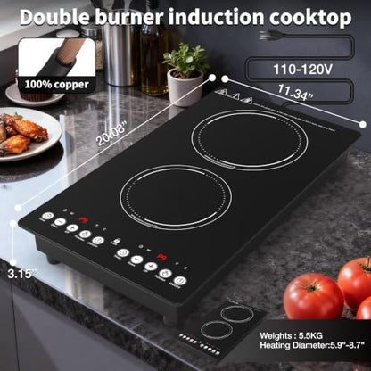 VBGK induction cooktop,110V 2300W countertop hot plate with Brushed Panel LED touch Control, induction cooker with 9 Power Levels, Kids Lock & 2H Timer,12 Inch doubledouble burner hot plate - size: double induction cooktop