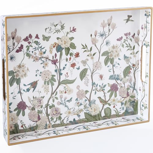Serving Tray with Handles, Rectangular Plastic Tray 15.75x11.81 Inch, Floral Art with Peony, Hydrangea, Magnolia & Magpie Style Decorative Tray for Kitchen, Dining Table, Vanity, Office & Home - color: Chinoiserie Botanicals 1 Pc