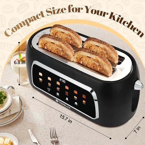 Tesslux 4 Slice Toaster, Touchscreen, 1.5" Long Wide Slot, 1300W, Black - color: Black