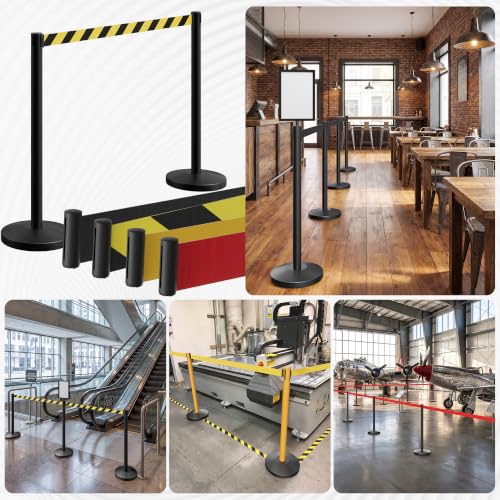 12-Pack Black Stainless Steel Crowd Control Stanchions, 9.8 ft Retractable Black and Yellow Stripe Safety Belts with 3 Sign Holder(Black and Yellow Stripe Belt)