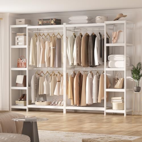 Homykic Bamboo Clothing Rack with 7 Adjustable Shelves, 2 Hang Rods, White - color: White, size: II Medium