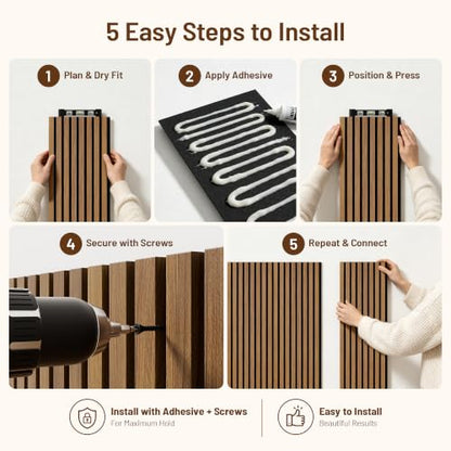 Amsleekey 4-Pack 94.5″x12.6″ Acoustic Wood Slat Wall Panels, 8 Hooks, Teak - color: Teak, size: 94.5 x 12.6 in - 4 pcs