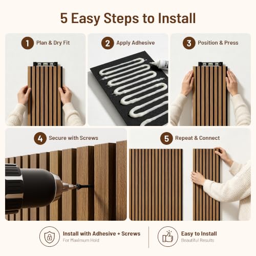 Amsleekey 2-Pack 94.5″x12.6″ Acoustic Wood Slat Wall Panels, 4 Hooks, Teak - color: Teak, size: 94.5 x 12.6 in - 2 pcs