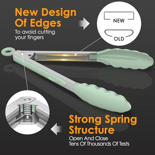 HOTEC Stainless Steel Kitchen Tongs with Silicone Tips, Set of 3-7",9" &12" - color: Light Green:12+9+7inch
