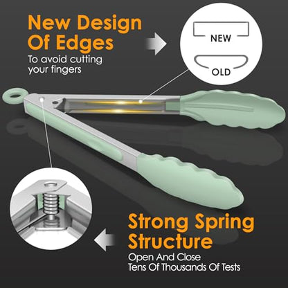 HOTEC Small Silicone Kitchen Tongs 7-Inch Mini Serving Tongs, Set of 3 - color: Light Green
