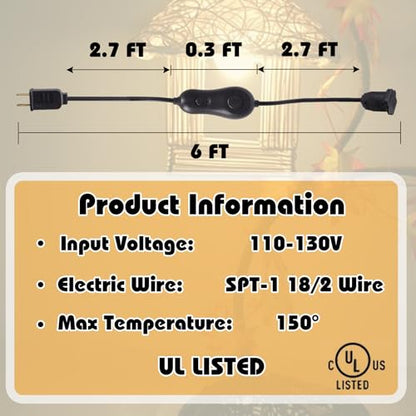 Plug in Dimmer, Upgrade Lamp Dimmer Switch, Timer Dimmers, Slide Control Light Timer for Dimmable Indoor Outdoor String Lights and Incandescent Bulbs, 6 ft Extension Cord, Black