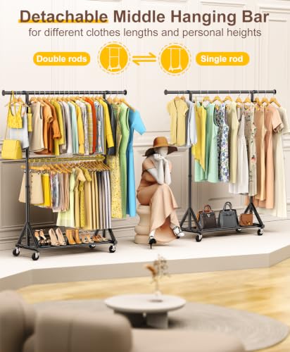 Heavy Duty Clothes Rack Loads 760 LBS, Double Tier Clothing Rack for Hanging Clothes with Wheels, 74~81 Inches Tall Double Rod Metal Garment Rack, Rolling Coat Storage Rack for Bedroom Commercial Use - color: Black