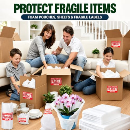 650Pcs Dish Packing Supplies for Moving,300 Foam Pouches & Sheets 4 Sizes (16x12",12x12",12x7.8",7.8x7.8") with 350 Fragile Stickers & Marker Pen for Moving, Packaging, Storage