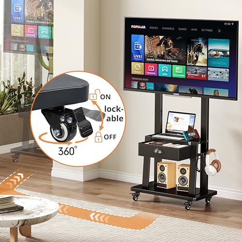 Mobile TV Stand with Storage Drawer for 23-75 Inch TVs up to 120lbs, Heavy Duty Rolling TV Cart with 2-Tier Shelves, Adjustable Height Outdoor TV Stand on Wheels, Max VESA 600x400mm, Black - color: Black