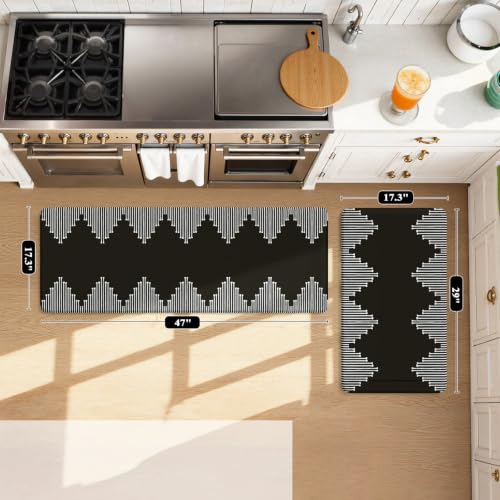 KIMODE Anti Fatigue Kitchen Mats,Black Boho Kitchen Rugs,Standing Desk Mats - color: Black Diamond, size: 17.3" x 47"+17.3" x 29"--0.47 inches