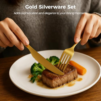 120 Pcs Gold Silverware Set, Includes 60 Forks and 60 Knives, Stainless Steel Flatware Set, Elegant and Sturdy Cutlery, Smooth Surface, Dinner Tableware, Ideal for Home, Restaurant - color: 120pcs Gold