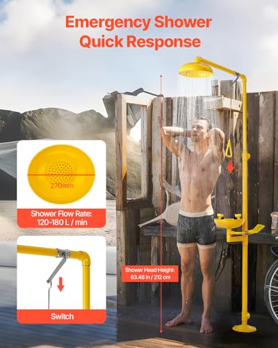 VEVOR Emergency Shower Eye Wash Station, 34.25 x 15.75 x 91.73 Inch 304 Stainless Steel Eyewash and Shower Combination, OSHA-Approved First Aid Eye Wash Station, for Schools, Labs, Factories, Yellow - style: Eyewash and Shower Combination