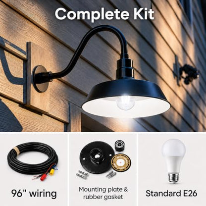 14in. Satin Black Outdoor Gooseneck Barn Light Fixture, 5000K Cool White - color: Satin Black, size: 14-1/2 in Gooseneck Arm