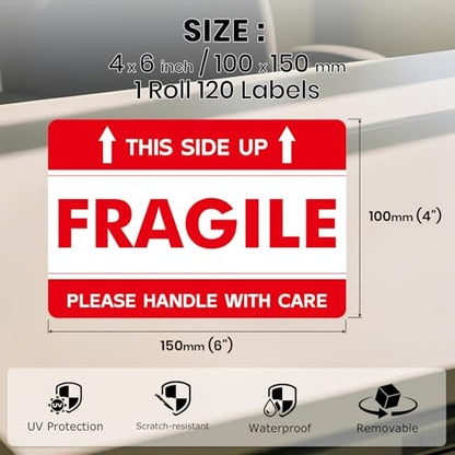120 PCS Fragile Labels Handle with Care Warning Stickers 4" × 6" - style: Style Three