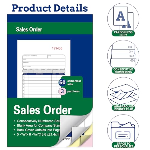 2 Pack Sales Order Books,3-Part,Carbonless,5-7/16 x 8-7/16 Inches,50 Sets - color: 2 Books-large-3 Part