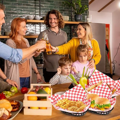 Rainmae Plastic Food Baskets with Deli Liners, 12 Fast Food Baskets, Oval Tray and Liners Reusable Chip Basket for Burgers, Sandwiches, Snacks, Candy Fruits, Restaurant Tray - Red Style - color: Black(12 Pcs+100 Red Deli Paper）