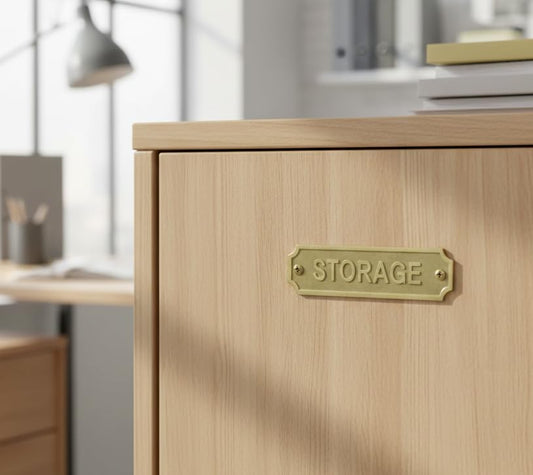 Brass STORAGE Door Sign Plaque 22x5 cm Wall Mounted Name Plate with Screws for Home Office Room Label Cabinet Door Signage Storage Area Identifier Indoor Outdoor Use - color: STORAGE