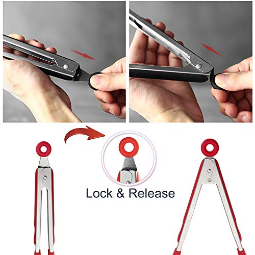 Cooking Tongs 9" and 12" Stainless Steel Kitchen Silicone Serving Tongs - color: Red, size: 9 & 12 inch