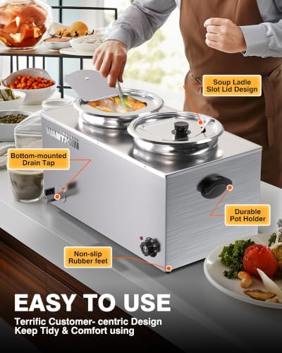 WantJoin Commercial Soup Warmer - 20 QT Electric Steam Table Food Warmer, Stainless Steel Bain Marie Warmer with 2 Round Pots, 1500W Countertop Food Warmer for Buffet Restaurant Catering - size: 2 Round Pots-11.6QT