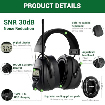 Bluetooth 6.0 AM FM Radio Headphone,Earmuff for Mowing,Construction - color: Black