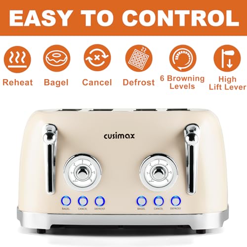 CUSIMAX Toaster 4 Slice, Retro Toaster with Wide Slots for Bagels, Cream - color: Cream